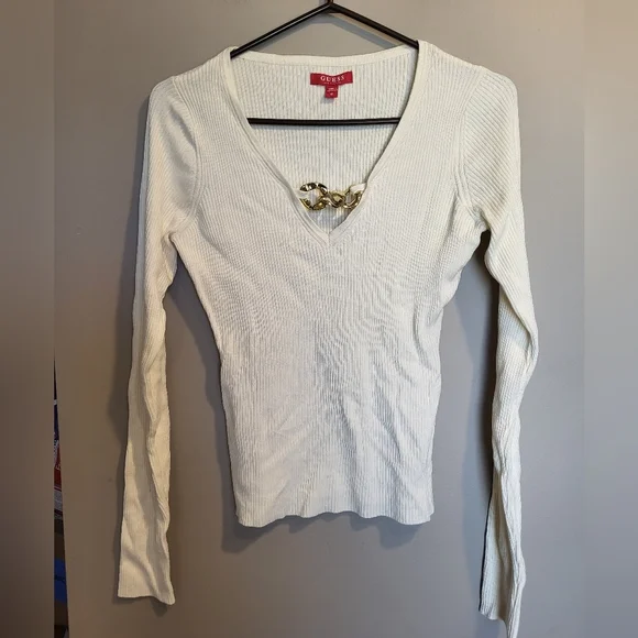 Guess Cream Ribbed V-Neck Top, Size Medium - Picture 2 of 5